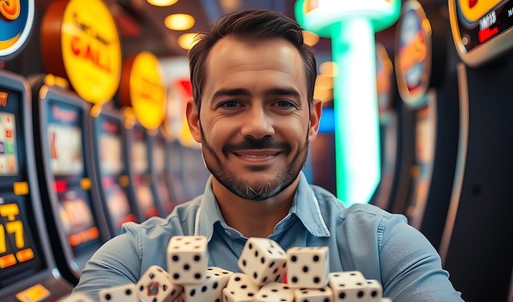 Ilustrasi pemain menggunakan fitur responsible gaming pada perangkat mobile dengan tampilan simpel